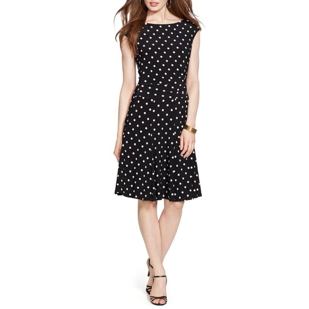 Ralph Lauren Dress 10 Black Polka Dot Washable Stretch Cap Sleeve Career Church